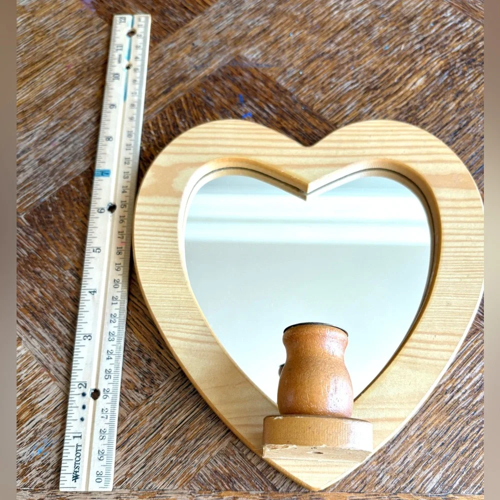 Heart-Shaped Wooden Wall Mirror with Candle Holder Sconce